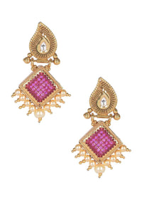 Magenta Square Crystal Gold Plated Earrings With Kundan And Pearls Online - Kalki Fashion