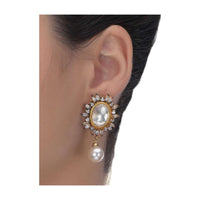 Oval Kundan And Crystal Gold Plated Studs With Dangling Pearl Online - Kalki Fashion