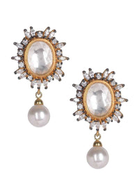 Oval Kundan And Crystal Gold Plated Studs With Dangling Pearl Online - Kalki Fashion