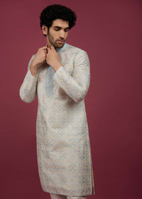 Powder Blue Brocade Embroidered Kurta Set In Thread Work