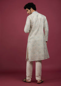 Powder Blue Brocade Embroidered Kurta Set In Thread Work