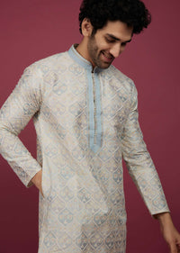 Powder Blue Brocade Embroidered Kurta Set In Thread Work