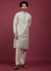 Powder Blue Brocade Embroidered Kurta Set In Thread Work