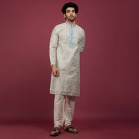Powder Blue Brocade Embroidered Kurta Set In Thread Work