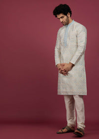 Powder Blue Brocade Embroidered Kurta Set In Thread Work