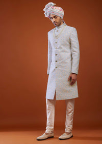 Powder Blue Floral Embroidered Sherwani Set In Silk