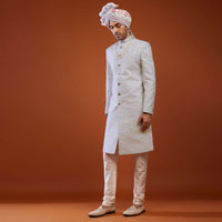 Powder Blue Floral Embroidered Sherwani Set In Silk