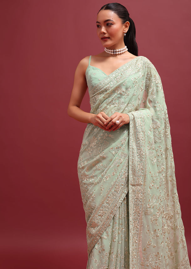 Pale Green Embroidered Parsi Gara Saree In Floral Resham Work And Unstitched Blouse