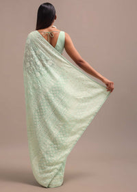 Pale Green Georgette Embroidered Saree With Unstitched Blouse