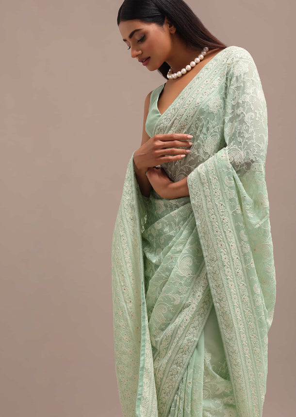 Pale Green Georgette Embroidered Saree With Unstitched Blouse