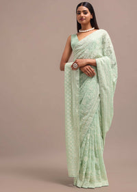 Pale Green Georgette Embroidered Saree With Unstitched Blouse