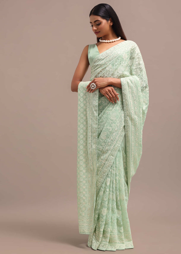 Pale Green Georgette Embroidered Saree With Unstitched Blouse