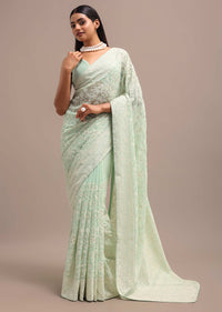 Pale Green Georgette Parsi Gara Saree With Unstitched Blouse