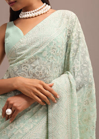 Pale Green Georgette Parsi Gara Saree With Unstitched Blouse