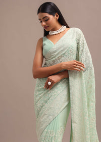 Pale Green Georgette Parsi Gara Saree With Unstitched Blouse