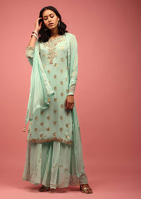 Sea Green Palazzo Suit Set Hand-Embellished With Gotta Work, Zari & Pearls In Banarasi Georgette Brocade Work