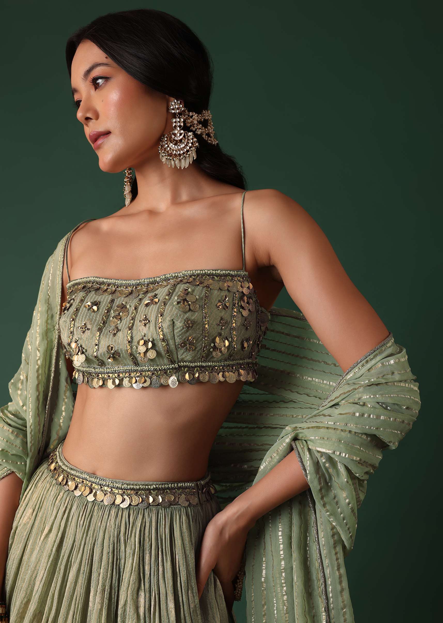 Pale Olive Green Printed Lehenga And Blouse Set In Banarasi Silk