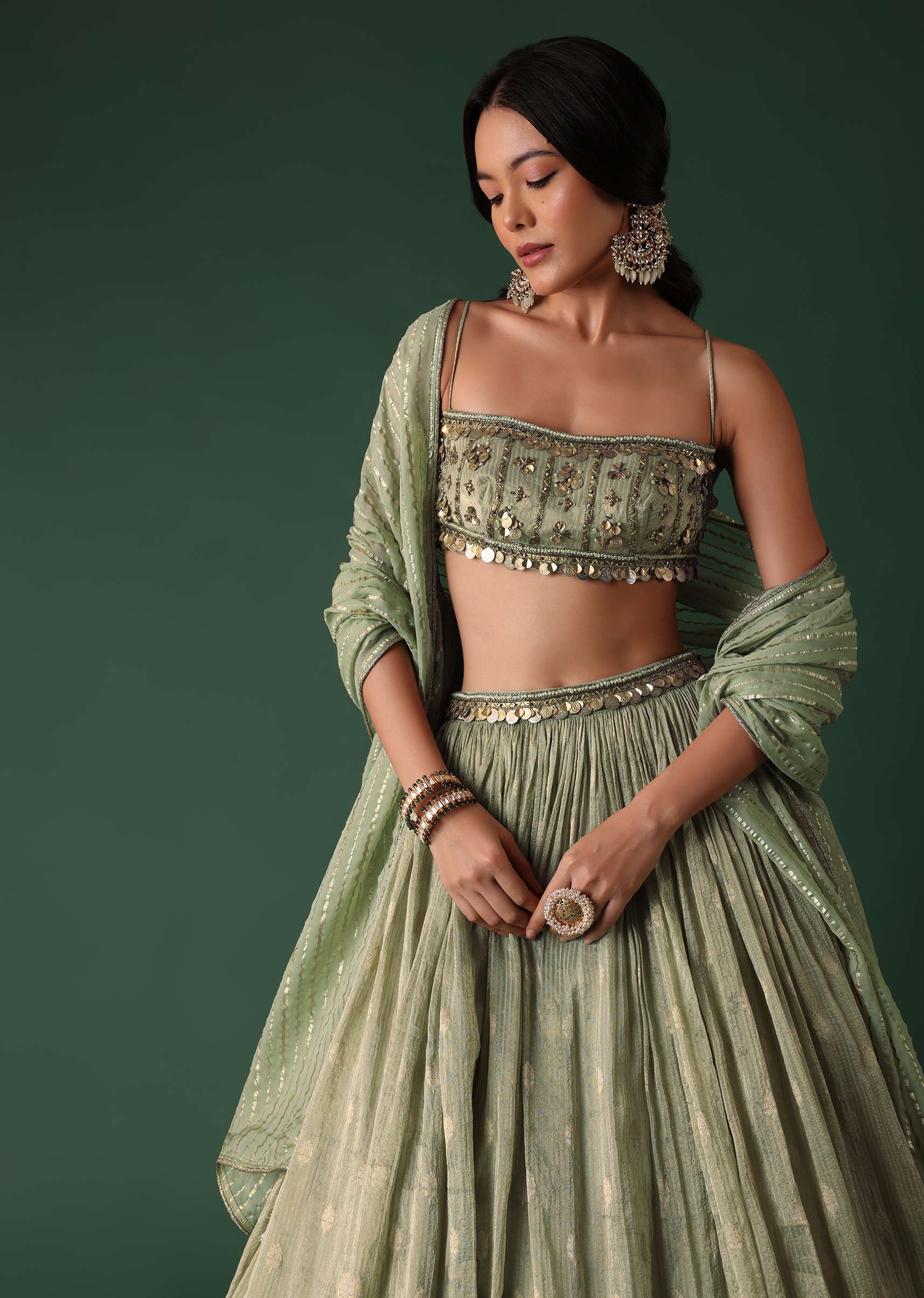 Pale Olive Green Printed Lehenga And Blouse Set In Banarasi Silk