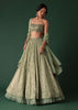 Pale Olive Green Printed Lehenga And Blouse Set In Banarasi Silk