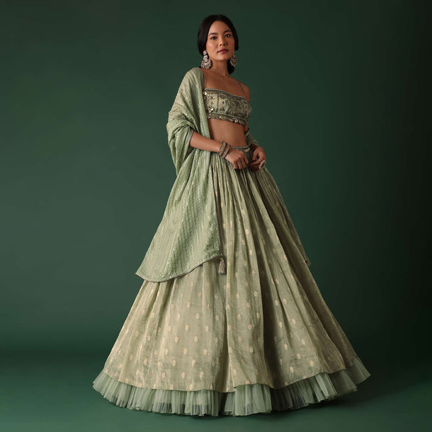 Pale Olive Green Printed Lehenga And Blouse Set In Banarasi Silk
