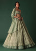 Pale Olive Green Printed Lehenga And Blouse Set In Banarasi Silk