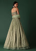 Pale Olive Green Printed Lehenga And Blouse Set In Banarasi Silk