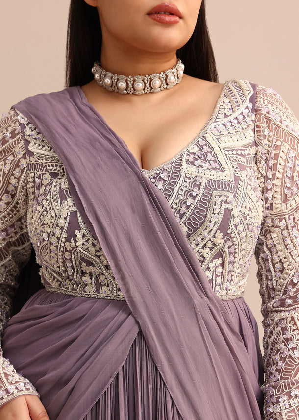 Blue Lilac Pre Drape Suit With Pearl Work