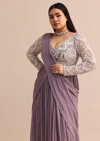 Blue Lilac Pre Drape Suit With Pearl Work