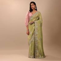 Grass Green Saree In Glass Tissue Fabric And Gotta Resham Embroidery With Cut Dana, Moti & Sequins