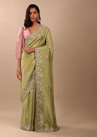 Grass Green Saree In Glass Tissue Fabric And Gotta Resham Embroidery With Cut Dana, Moti & Sequins