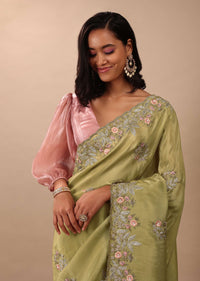 Grass Green Saree In Glass Tissue Fabric And Gotta Resham Embroidery With Cut Dana, Moti & Sequins