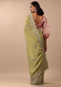 Grass Green Saree In Glass Tissue Fabric And Gotta Resham Embroidery With Cut Dana, Moti & Sequins