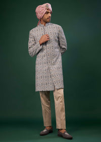 Silver Grey Embroidered Raw Silk Sherwani Set