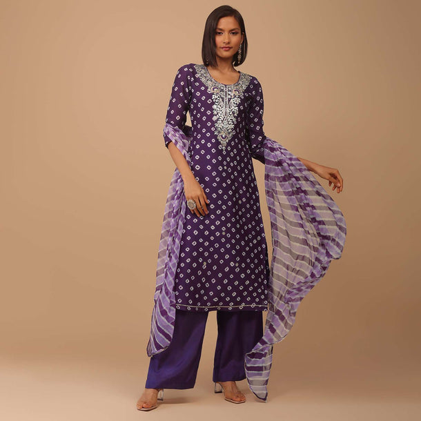 Violet Purple Embroidered Bandhani Printed Chanderi Palazzo Suit With Leheriya Dupatta