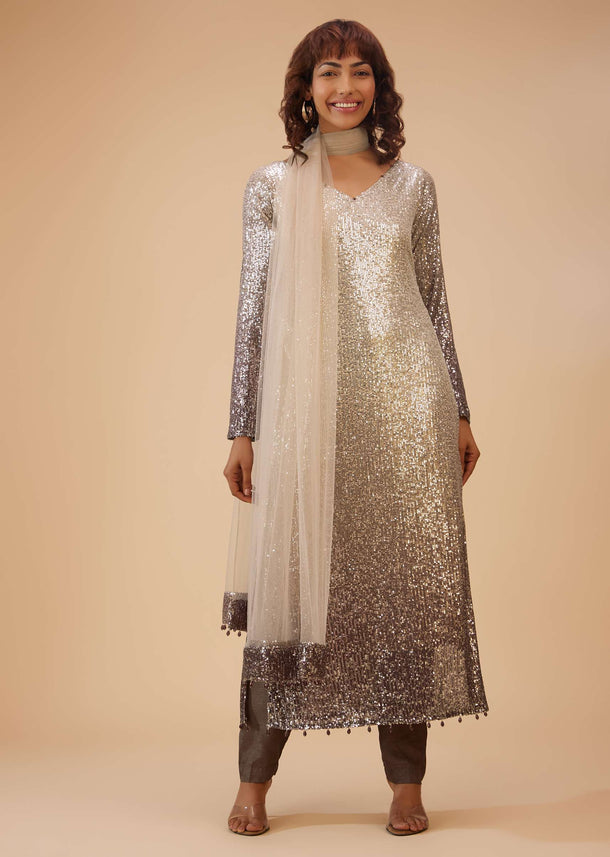 Coffee Brown And Silver Gradient Shade Pant Suit Set In Sequins