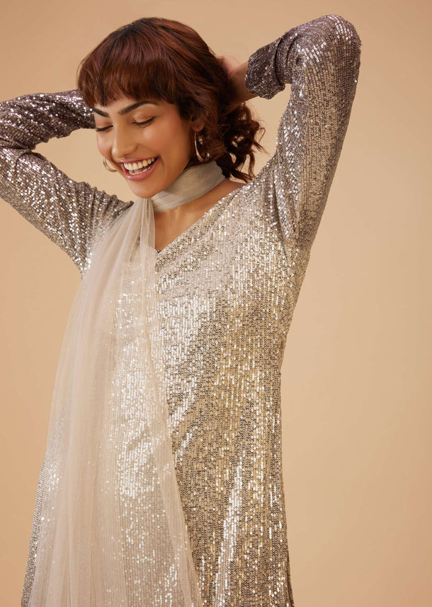 Coffee Brown And Silver Gradient Shade Pant Suit Set In Sequins