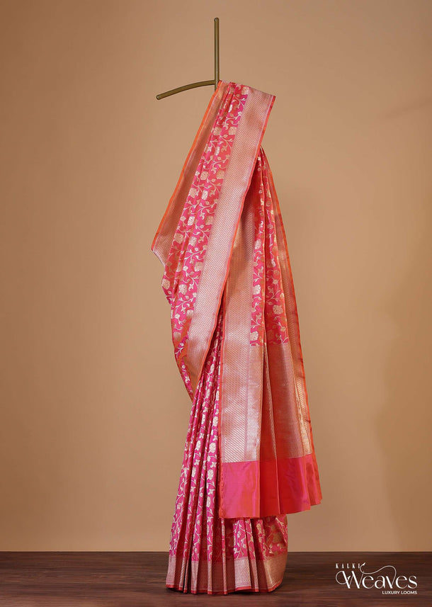 Fuschia Pink Handloom Saree In Uppada Silk With Single Zari Work And Unstitched Blouse