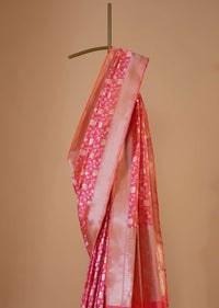 Fuschia Pink Handloom Saree In Uppada Silk With Single Zari Work And Unstitched Blouse