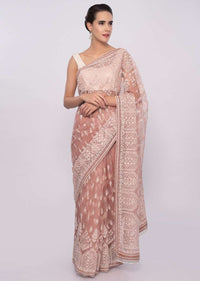 Parasel peach organza saree in thread embroidery and butti only on Kalki