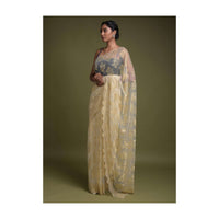 Parchment White Saree In Net With Weaved Golden Floral Motifs And Kundan Work Online - Kalki Fashion