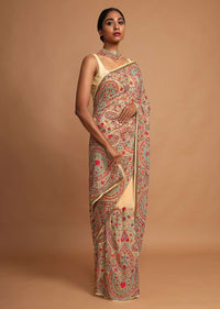 Parmesan Beige Saree With Kashmiri Embroidery In Floral Jaal Design