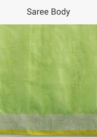 Parrot Green Saree In Linen With Silver Brocade Border And Striped Pallu Along With Yellow Unstitched Blouse