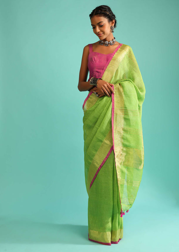 Parrot Saree In Linen With Golden Brocade Border And Striped Pallu Along With Magenta Unstitched Blouse