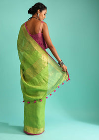 Parrot Saree In Linen With Golden Brocade Border And Striped Pallu Along With Magenta Unstitched Blouse