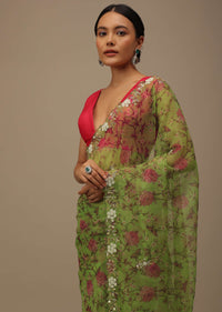 Parrot Green Cutdana Embroidered Saree In Organza With Floral Print