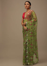 Parrot Green Cutdana Embroidered Saree In Organza With Floral Print