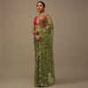 Parrot Green Cutdana Embroidered Saree In Organza With Floral Print