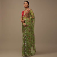 Parrot Green Cutdana Embroidered Saree In Organza With Floral Print