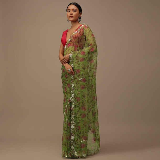 Parrot Green Cutdana Embroidered Saree In Organza With Floral Print