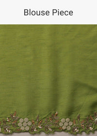 Parrot Green Cutdana Embroidered Saree In Organza With Floral Print